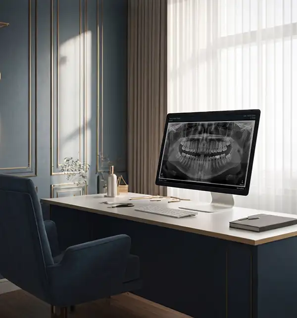 A luxurious doctor's office and computer screen showing an panoramic dental x-ray'